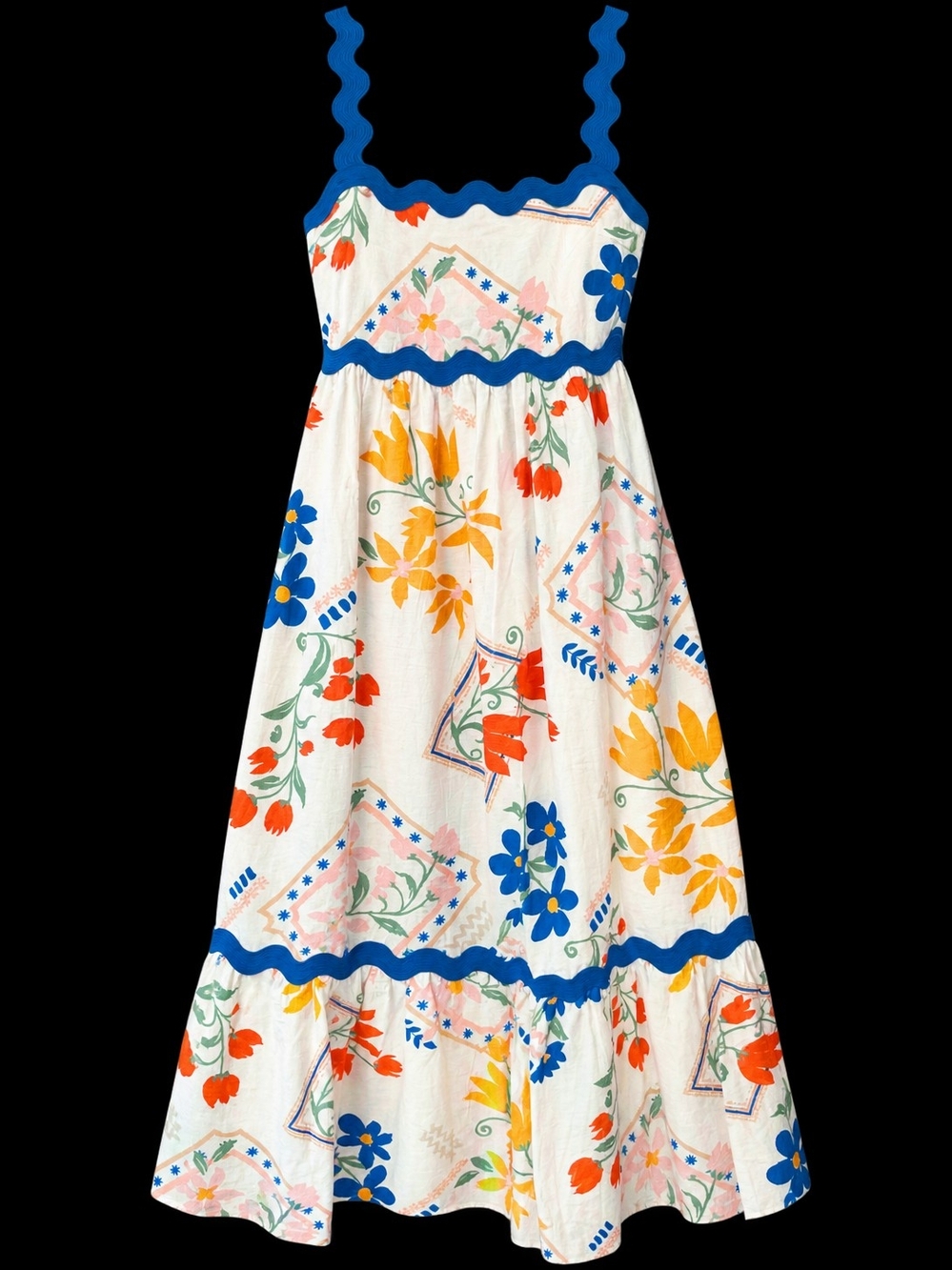 NWT Women's' White Floral Sundress with Blue Trim
